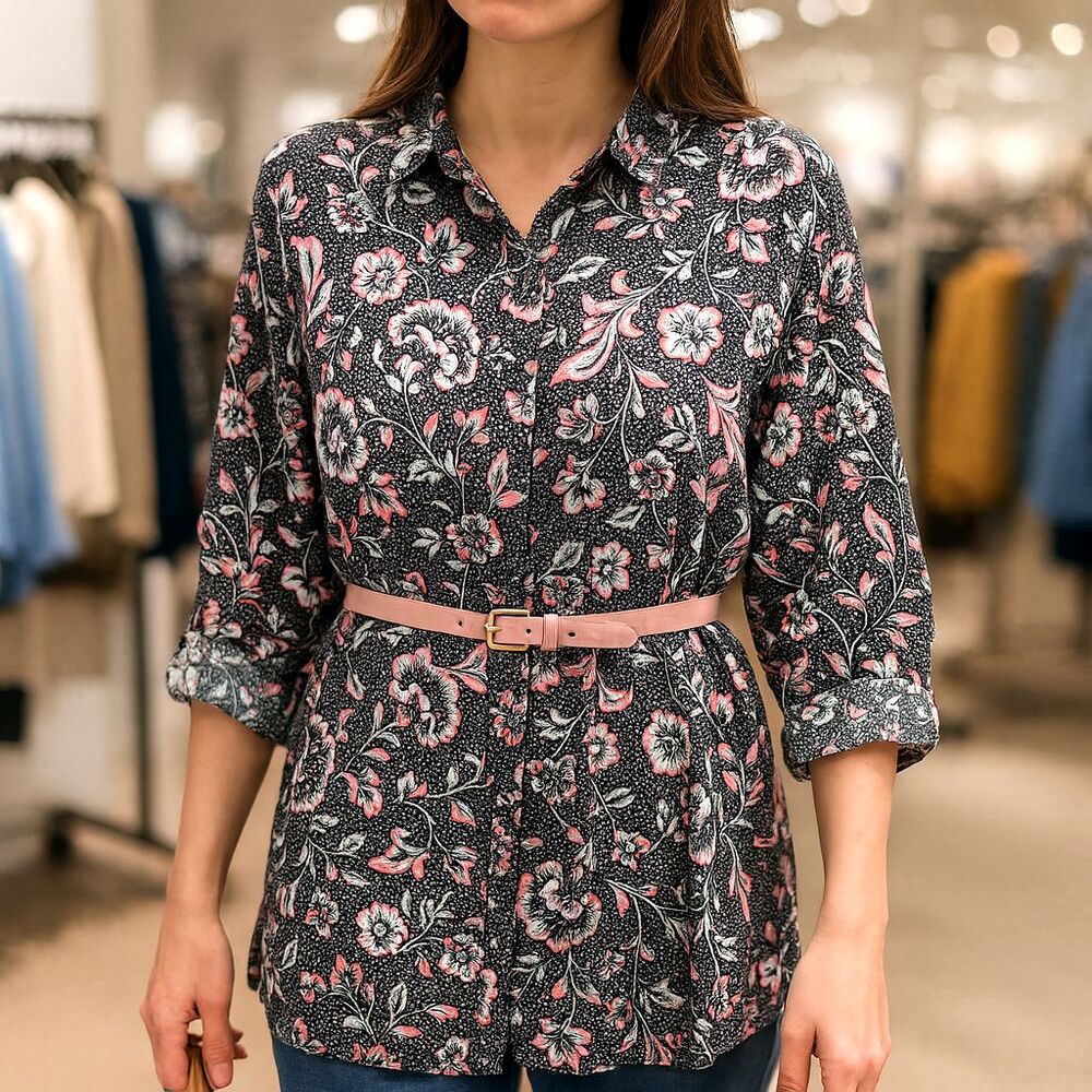 J Jill XL Lightweight Floral Tunic Top Shirt Dress Black with Pink Blue